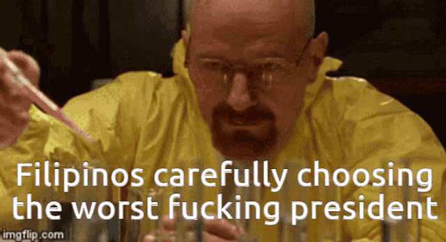 filipinos carefully choosing the worst fucking president is written on a screen
