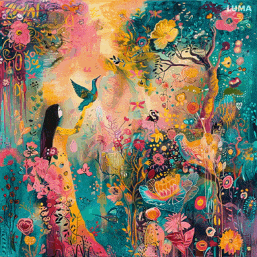 a colorful painting of a woman and a hummingbird with luma written on the bottom