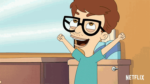 a cartoon of a man wearing glasses and a blue shirt with the word netflix on the bottom right