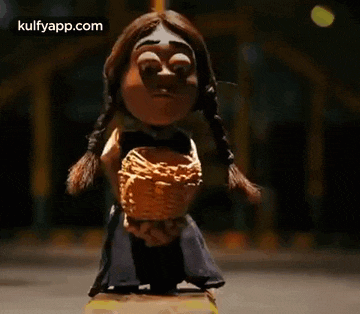 a cartoon doll is holding a basket and standing on a bench .