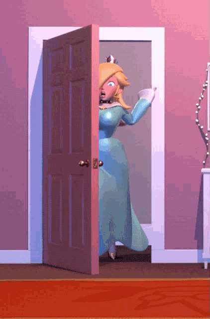 a cartoon character in a blue dress is standing in an open doorway