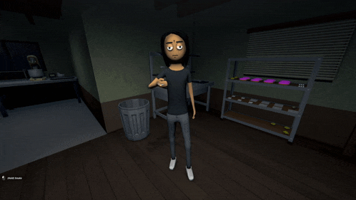 a cartoon character standing in a dark room with a trash can and a shelf
