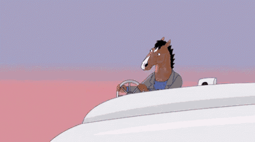 a cartoon horse is driving a boat and a dolphin is flying overhead