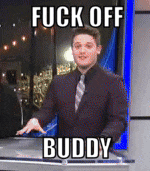 a man in a suit and tie is standing in front of a window with a caption that says fuck off buddy