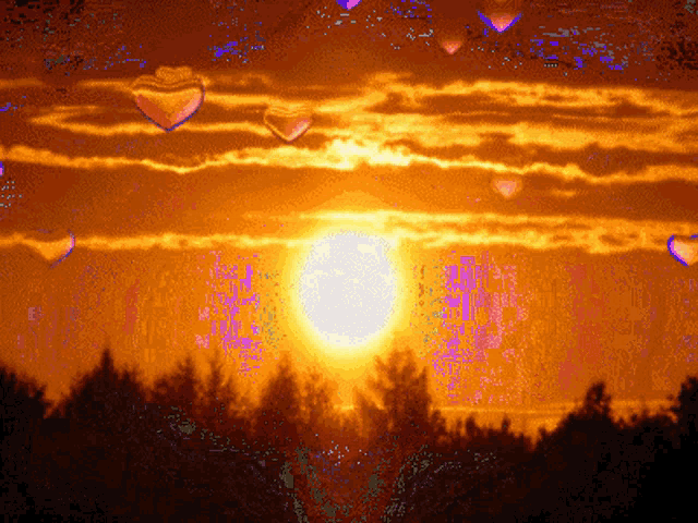 a sunset with hearts flying in the sky