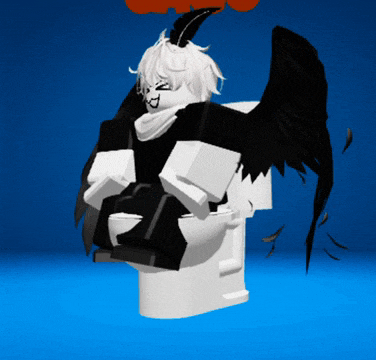a character with black wings is sitting on a toilet