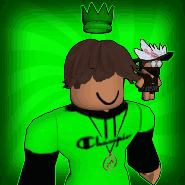 a person wearing a green shirt that says champion