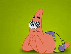 patrick star from spongebob squarepants is laying down with his hands on his chin and looking at the camera .