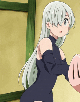 a girl with long white hair is holding a pig in her hand