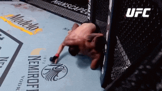 a man is laying on the ground in a ufc ring .