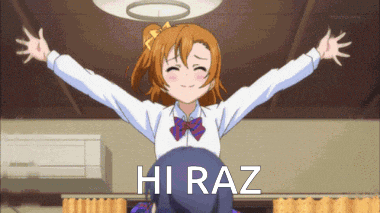a cartoon girl with her arms outstretched and the words hi raz written below her