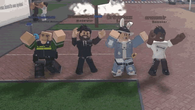 a group of roblox characters are standing in a row and one of them has the name dr.syntexx on his shirt