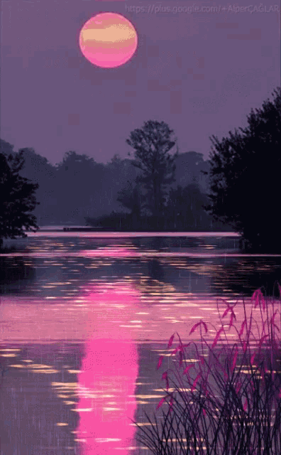 a painting of a lake with a pink moon in the sky