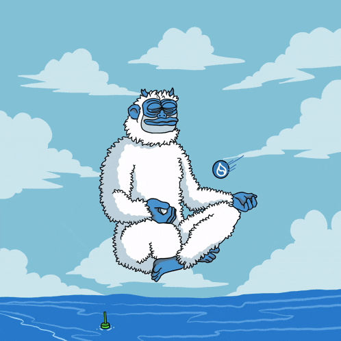 a cartoon of a yeti sitting in a lotus position in the sky
