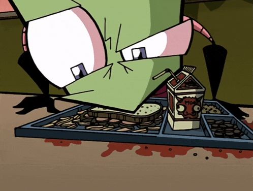 a cartoon character is eating a sandwich and drinking milk from a carton