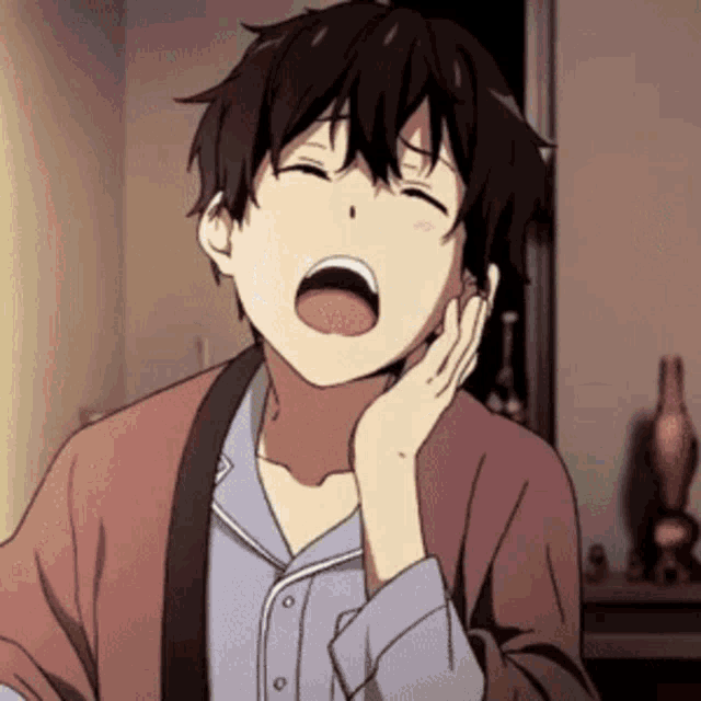 a cartoon character is yawning with his mouth open and his hand on his face .