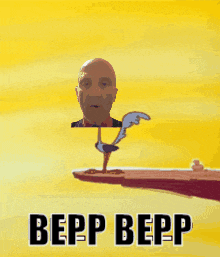 a cartoon of a man and a bird with the words bepp bepp below