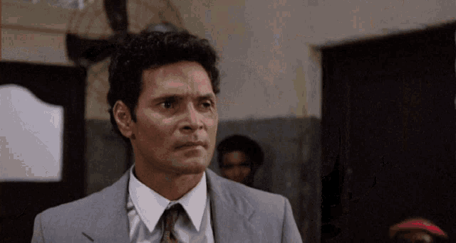 a man in a suit and tie is standing in a room