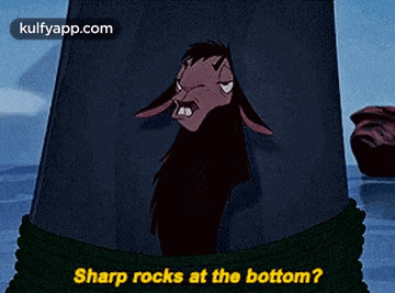 a cartoon llama is tied to a pole and says sharp rocks at the bottom .