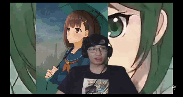 a man wearing headphones stands in front of a picture of a girl with green hair