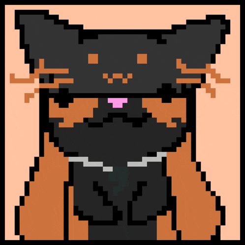 a pixel art drawing of a black and brown cat with a pink nose
