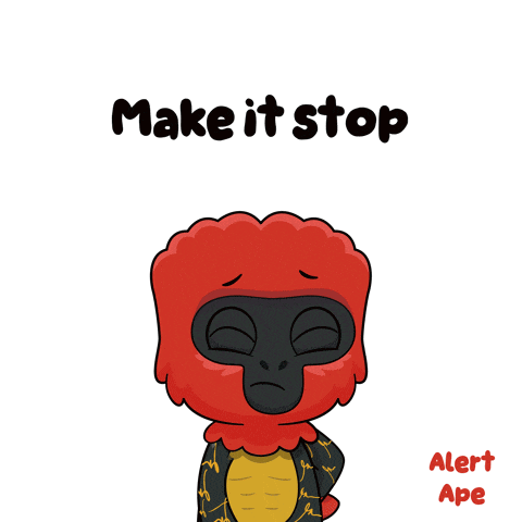 a cartoon of a red ape with the words make it stop below it