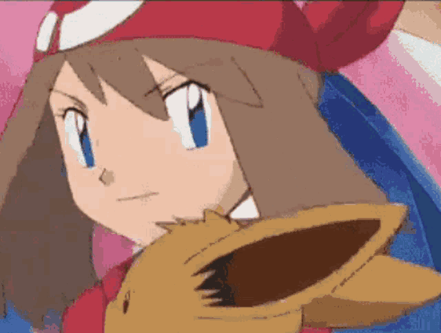 a girl in a red hat is holding a brown eevee in her arms .