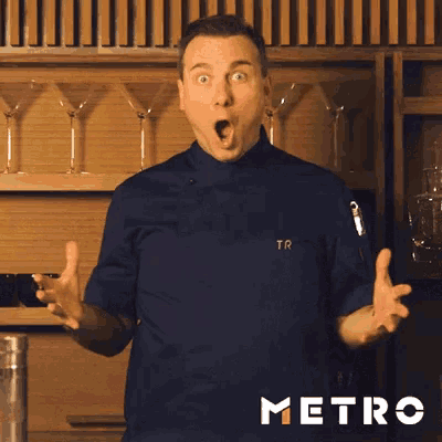 a man with a surprised look on his face and the word metro in the corner