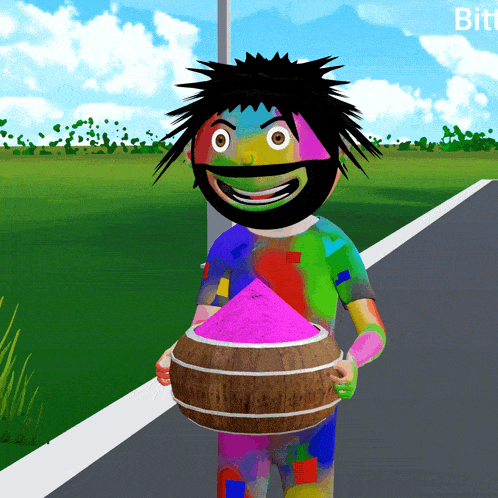 a cartoon character is holding a coconut filled with pink paint
