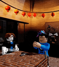 two roblox characters are standing next to each other in a room with chinese lanterns hanging from the ceiling