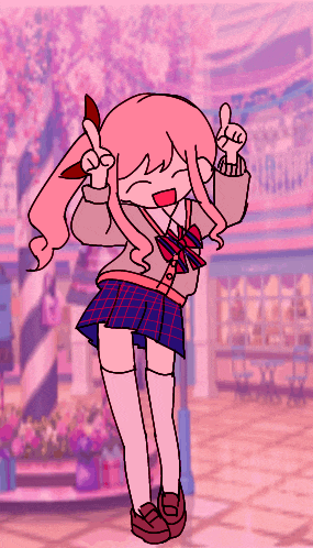 a girl with pink hair is giving a thumbs up sign