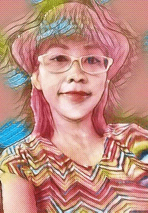 a woman with pink hair wearing glasses and a colorful shirt