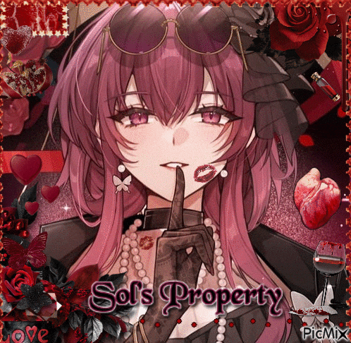 a picture of a girl with pink hair has the words sol 's property on it