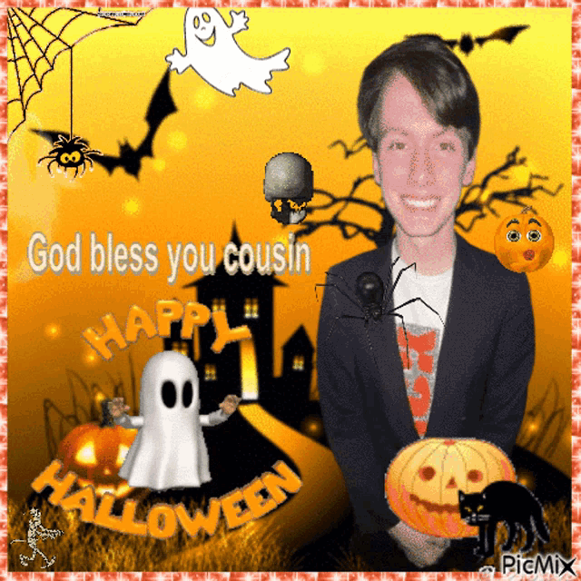 a picture of a man with a pumpkin and a ghost says god bless you cousin