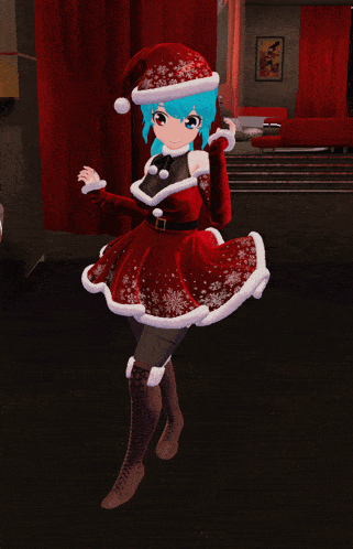 a girl with blue hair wearing a santa hat