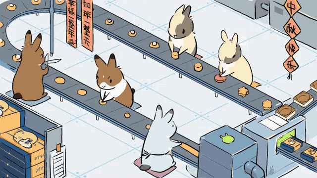 a bunch of rabbits are sitting on a conveyor belt