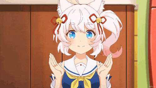 a cartoon girl with white hair and blue eyes is smiling