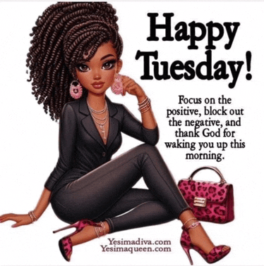 a picture of a woman with the words happy tuesday