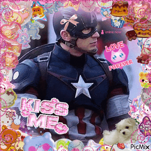 a picture of a man in a captain america costume with the words kiss me on the bottom