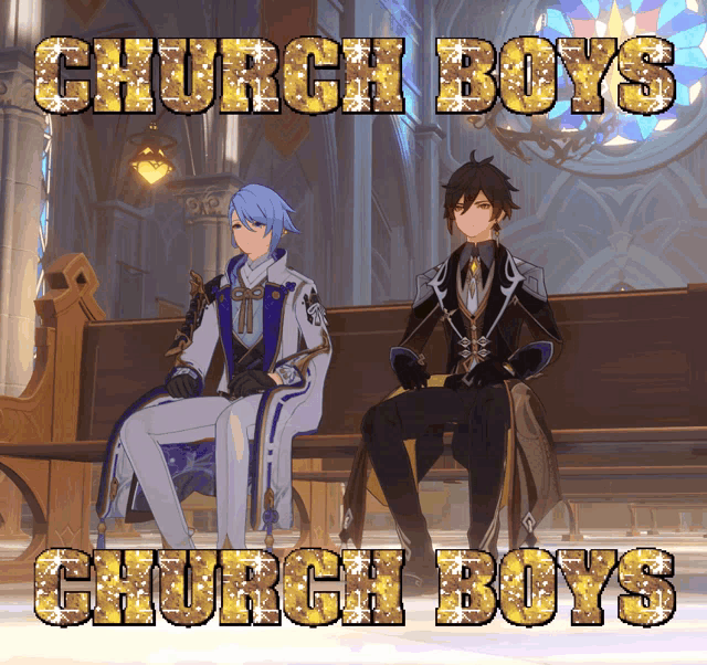 two anime characters sitting on a bench with the words church boys