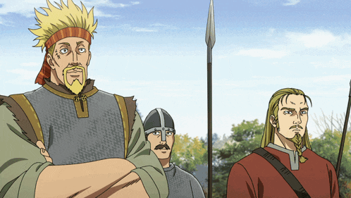 a man with a beard and a headband stands next to two other men with spears