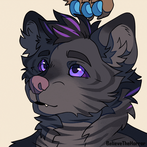a drawing of a cat with purple eyes and the words " believe the horror " below it