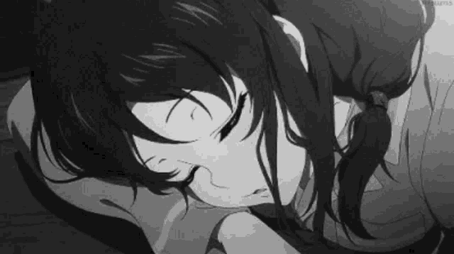 a black and white drawing of a girl with long hair sleeping on a bed .