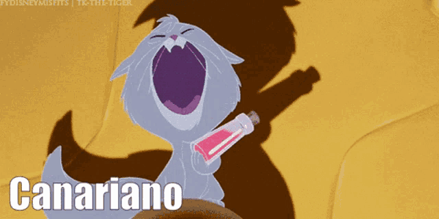 a cartoon cat holding a bottle with the name canariano on it