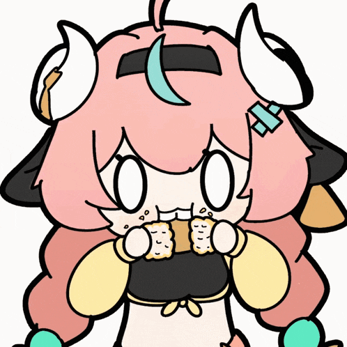 a cartoon drawing of a girl with pink hair and horns eating a cookie