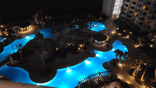 a large swimming pool is lit up at night with palm trees