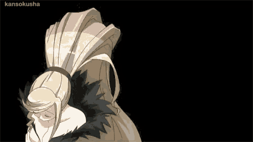 a blonde anime girl with long hair and a black coat is standing next to a man in a black and white dress .