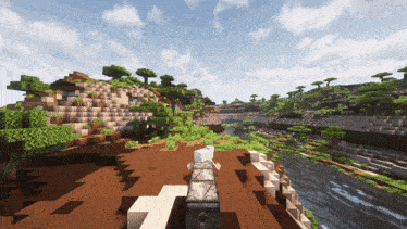 a screenshot of a minecraft world with a river and trees