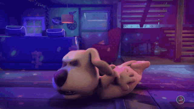 a cartoon dog laying on its back in a room