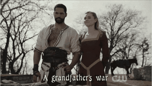 a man and a woman standing next to each other with the words a grandfather 's war above them